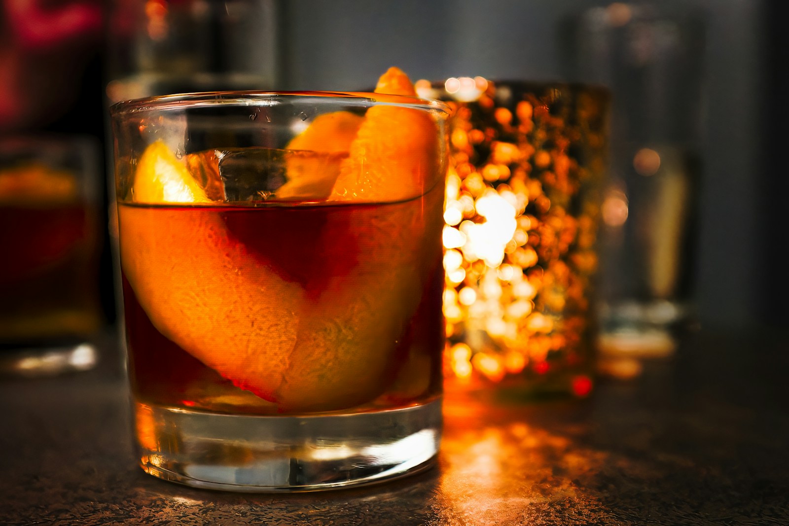 Old Fashioned whiskey cocktail with orange peel at Bucks Cabaret Houston